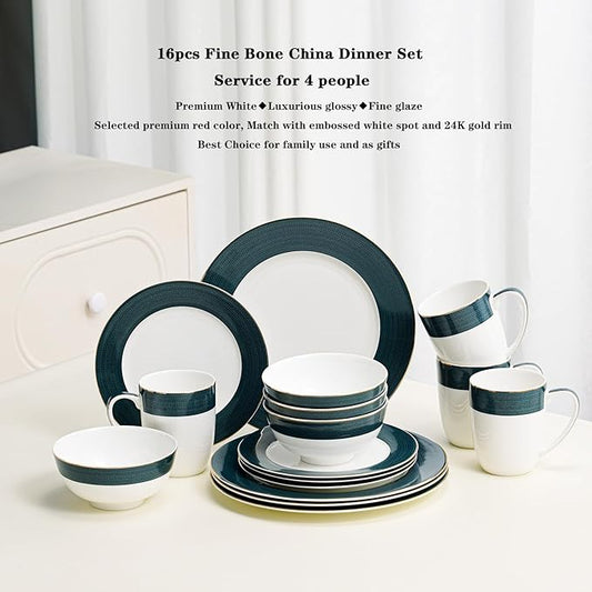16-Piece Fine Bone China Dinnerware Set, Dinner Plates,Bowls and Mugs Set, Dishware Set for 4, With Selected Christmas Premium Red and Green pattern, White Embossed Spot Ornament and Gold Rim
