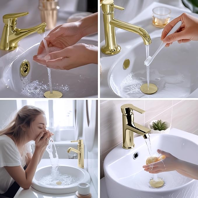 Hibbent All Metal 2 in 1 Bathroom Sink Stopper, Universal Pop Up Drain Strainer, Brass Bullet Core Push Type Sink Stopper for 1.1''~2.3'' Basin, Big Push Button, Anti Clogging Filter, Brushed Gold