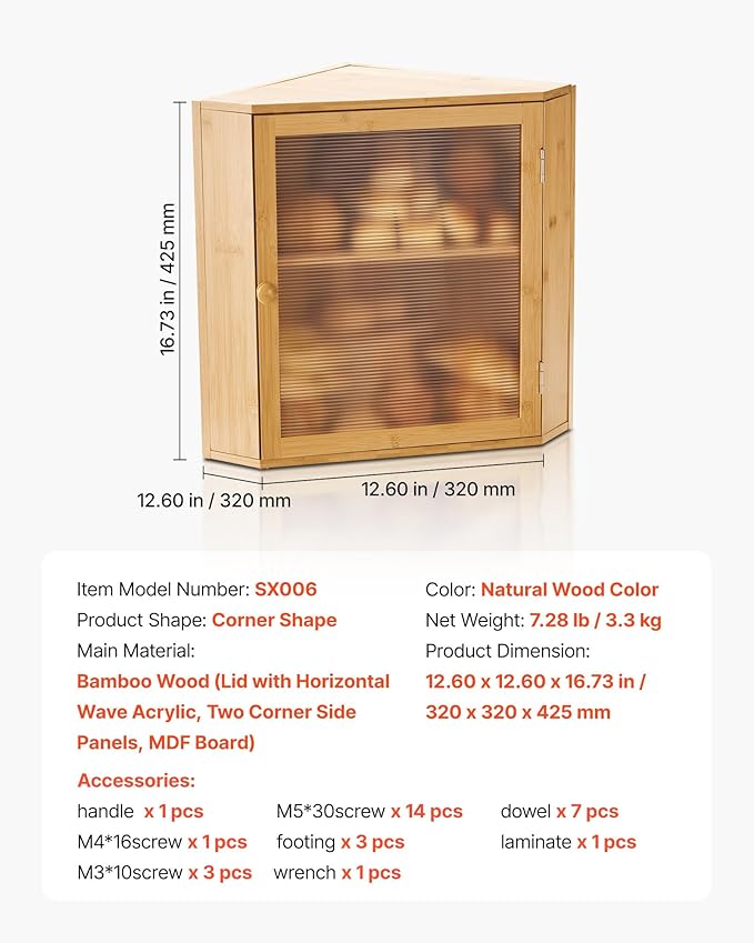VEVOR Corner Bread Box for Kitchen Counter, Double Layer Large Capacity Bamboo Bread Storage Container, Farmhouse Wooden Breadbox for Homemade Bread, Storage Holder Bin with Acrylic Wavy Door, Natural
