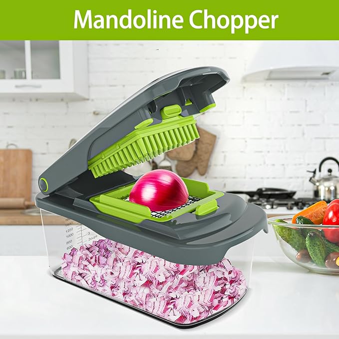 Cambom Vegetable Chopper With Container, Multifunctional Food Chopper Onion & Vegetable Cutter Dicer With 8 Blades, Carrot & Veggie Slicer 2 Blades Grey