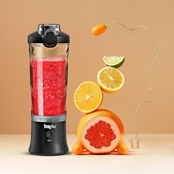 Total Chef Portable Blender - For Smoothies & Protein Shakes, USB Rechargeable Cordless Mini Travel Mixer, Personal Juicer, Ice Crusher, Blender Bottle for Home & Kitchen, 20oz, Black