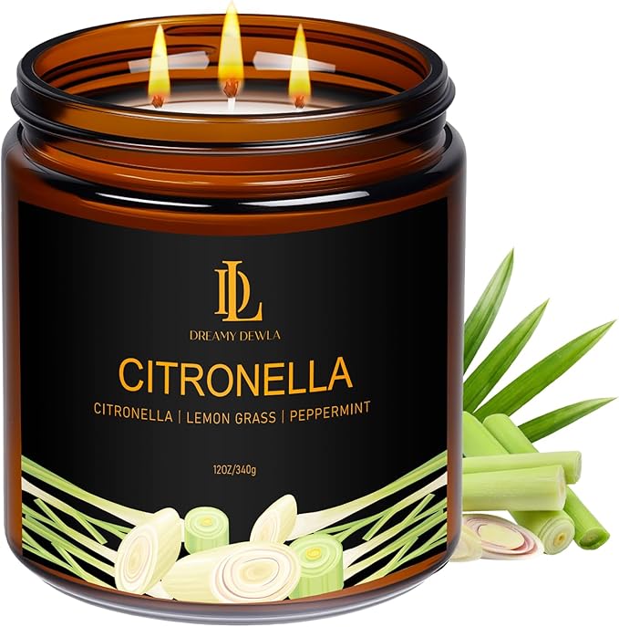 Citronella Candles Outdoor, Large 3 Wick 12oz Scented Candles up to 60 Hours Burning, Natural Citronella Soy Wax Candle for Summer Outside Camping Patio Picnic Garden