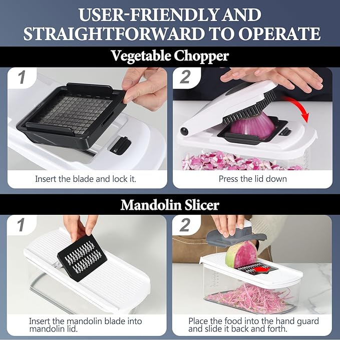 Ourokhome Food Chopper with Container, Manual Mandolin Vegetable Slicer Onion Dicer with 8 Blades, Hand Veggie Shredder for Potato, Tomato, Essential Kitchen Gadgets (8 in 1, White)