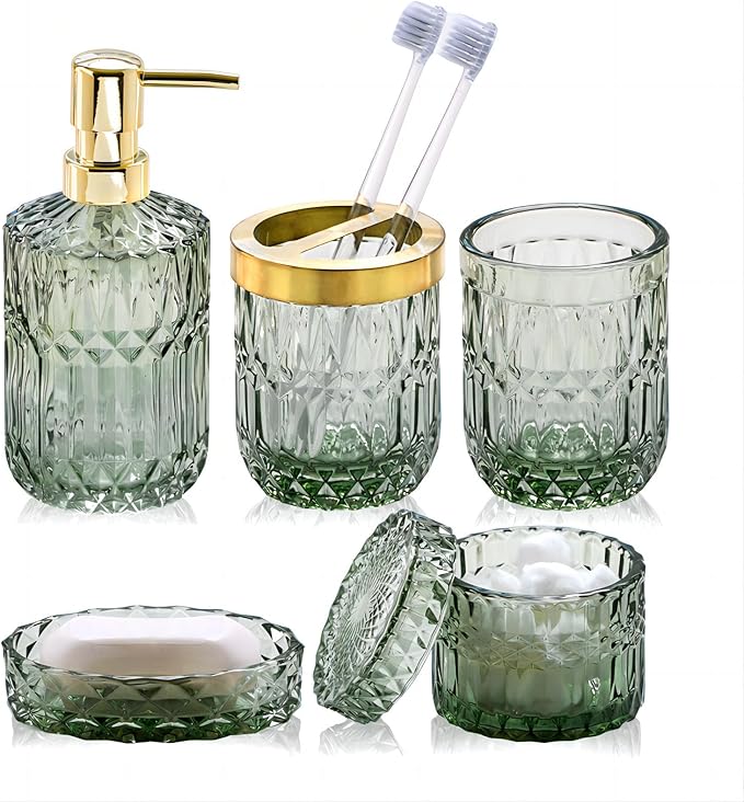 Bathroom Accessory Set, 5 Pcs Glass Bathroom Accessories Set with Lotion Dispenser,Toothbrush Holder, Soap Dish,Tumbler, Cotton Swab Jars, Home Set for Christmas/Housewarming, Modern Bathroom Decor