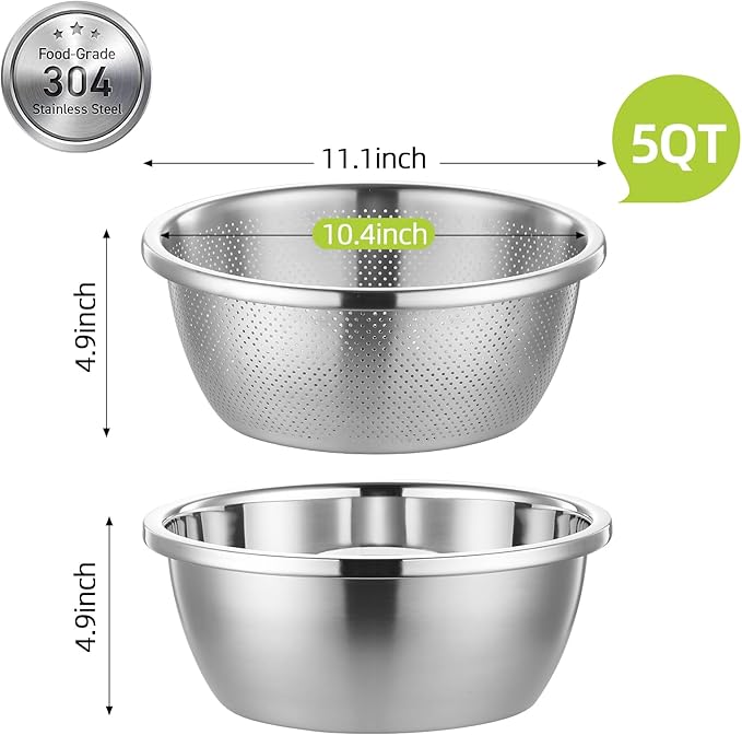 Colander Stainless Steel 304 with Mixing Bowls, 5QT Large Capability Strainers and Colanders for Kitchen, Pasta Strainer for Washing Vegetables, Fruit and Rice, Dishwasher Safe(2PCS)