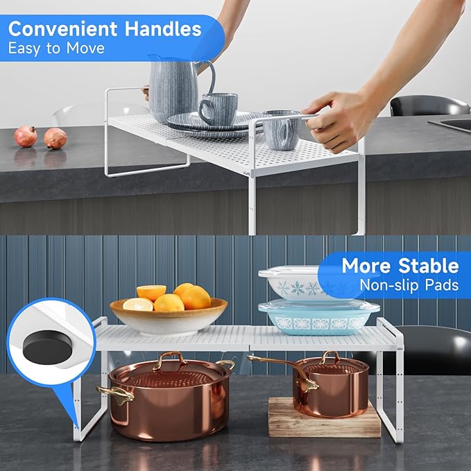 Expandable Kitchen Shelf Organizers, Kitchen Cabinet Organizer Stand Rack Organization for Countertop Cupborad Pantry, White 2 Pack