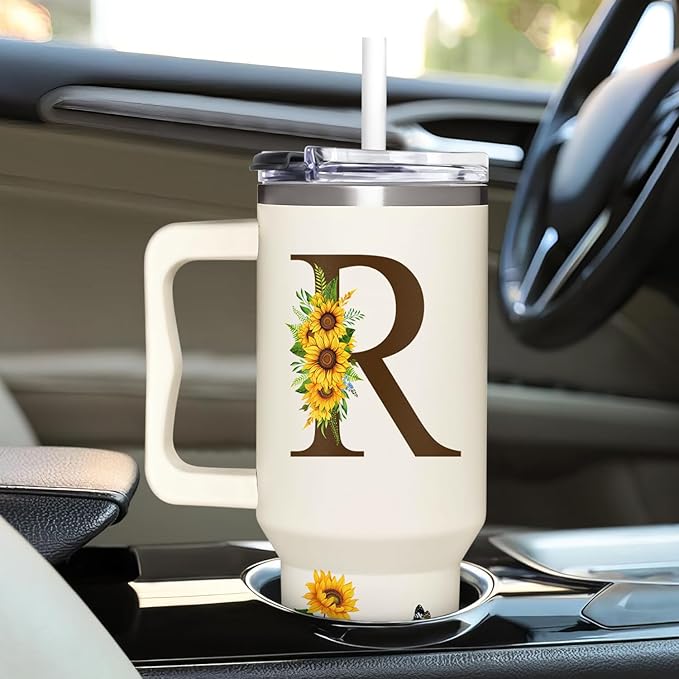 Personalized Birthday Gifts For Women - Sunflowers Monogrammed Cup For Boss Day, Christmas - Customized Gifts For Women, Mom, Wife, Coworkers, Boss Lady, Her - Custom Tumbler With Handle 40oz
