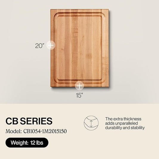John Boos CB Series Rectangular Wooden Maple Cutting Board 20βx15β β 1.5β Thick, 12-lb Reversible Butcher Block with Juice Groove, Edge-Grain & Finger Grips β Made in the USA