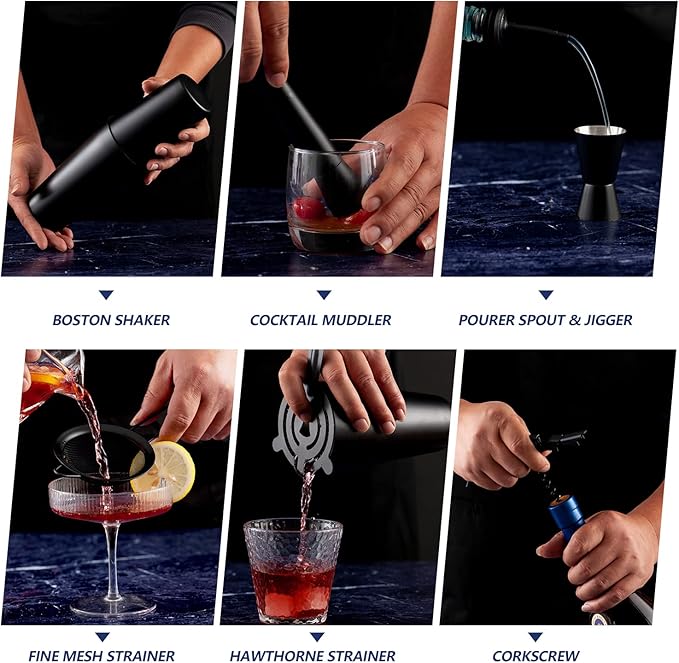 11Pcs-Cocktail Shaker Set Stainless Steel Bartending Kit 25oz Boston Shaker Bar Set Cocktail Mix Drink Making Kit Professional Bar and Home Drink Bar Tools for Bartender(Matte Black)