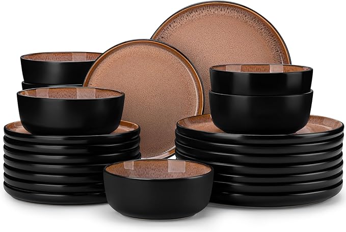 vancasso Plates and Bowls Sets, 24 Pieces Stoneware Dinnerware Sets for 8, Kitchen Dish Set Mircowave and Dishwasher Safe Ceramic Dishware, Dark Brown, Series AMBER