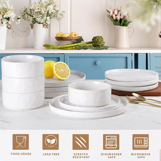 LIANYU Stoneware Dinnerware Sets, 12 Piece Plates and Bowls Dish Set for 4, Kitchen Speckled Dinner Ware Dining Dishware, Microwave & Dishwasher Safe, Polar White