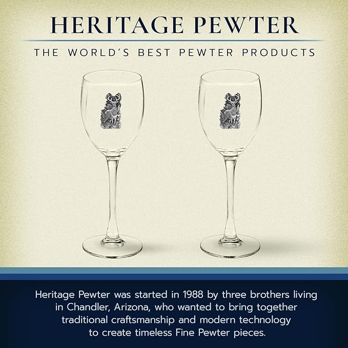 Heritage Pewter Whitetail Deer Glass Goblets β Set of 2 | 12 OZ Goblet Wine Glasses | Expertly Crafted Pewter Glass