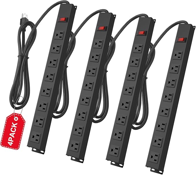 4Pack Metal 8 Outlet Mountable Power Strip, Wall Mount Outlet Heavy Duty, Wide Spaced Commercial Shop Power Strip with Switch, 6 FT Power Cord.