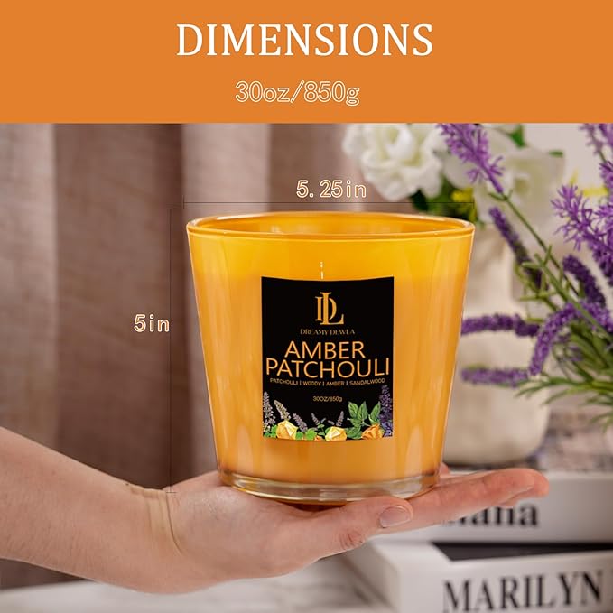 Amber Patchouli Scented Candle, Large 30oz Natural Soy Candles, 4-Wick 80 Hour Burn Time, Home Fragrance Candles Housewarming Gift for Women Men