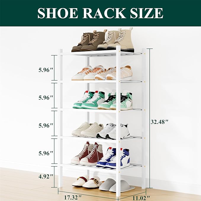 Smiry Shoe Rack, 5 Tier Small Bamboo Shoe Organizer, Stackable Free Standing Wooden Shoe Storage Shelf for Closet, Entryway, Front Door Entrance, White