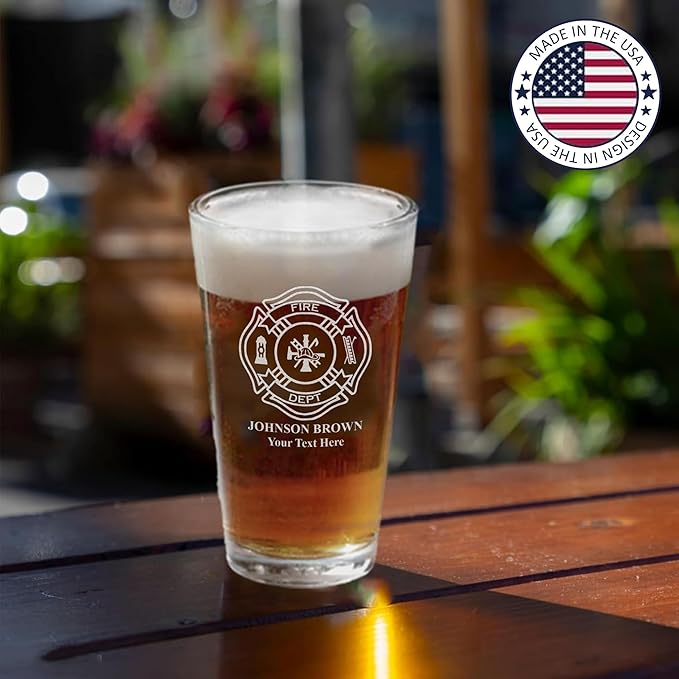 Personalized Firefighter Beer Mug, Custom Name and Text, Etched Fire Dept Beer Glass, 17oz Engraved Glassware, Fireman Gift, Home Bar, Firefighter Gifts for Men, Dad