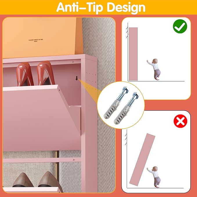 Shoe Cabinet with 3 Flip Drawers, Narrow Shoe Storage Cabinet, Farmhouse Shoe Organizer, Freestanding Organizer with Metal Legs for Entryway, Foyer (3 Door, Pink)