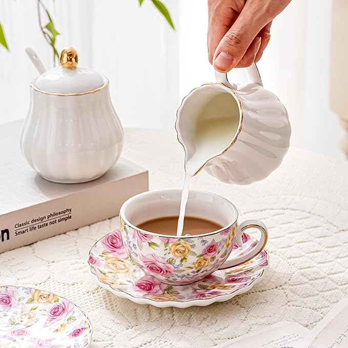 Tea Cup and Saucers, 6.4oz floral ceramic tea cups, Coffee Cappuccino Espresso Latte Mugs for Party Birthday,Christmas Gift (Pink and yellow roses)