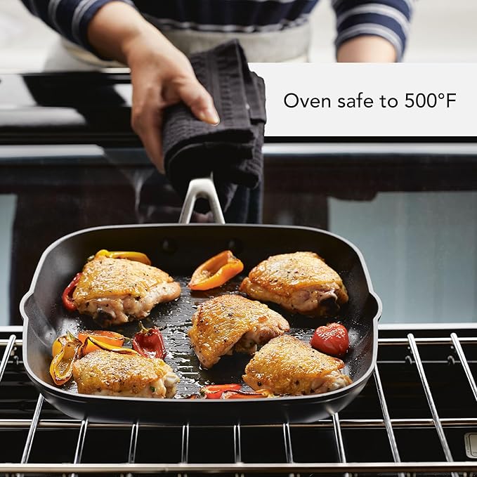 KitchenAid Hard Anodized Induction Nonstick Square Grill Pan/Griddle with Pouring Spouts, 11.25 Inch, Matte Black