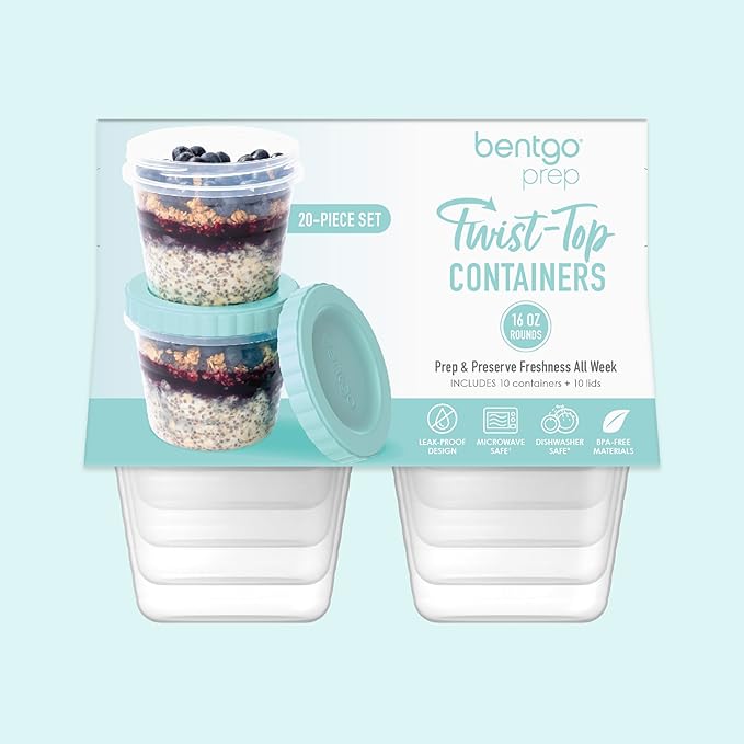 Bentgo Prep - 20 Piece 16 fl oz Leak-Proof Deli Containers with Lids, Food Storage for Meal Prep, Twist-Top, Reusable, PFAS & BPA-Free, Stackable, Microwave, Freezer, & Dishwasher Safe (Sea Blue)