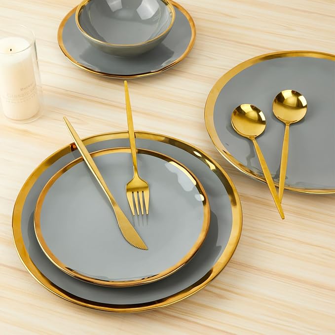 Porcelain Luxury Dinnerware Sets, Modern Plates and Bowls Sets for 4, Highly Chip and Crack Resistant, Grey and Gold Rim China Dishes Set for Wedding Anniversary