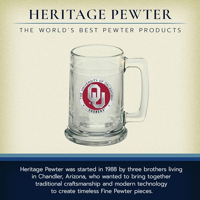 Heritage Pewter Oklahoma Beer Stein Glass | 15 Ounce German-Style Beer Glass | Intricately Crafted Metal Pewter Alma Mater Inlay