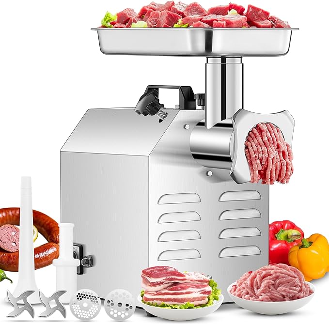 #12 Commercial Meat Grinder, 840 LB/H,1.2HP, Heavy Duty Industrial Meat Grinder, Sausage Stuffing Machine with 2 Stainless Steel Blade, 2 Grinding Plates, Sausage Kit (#12-840LB/H)