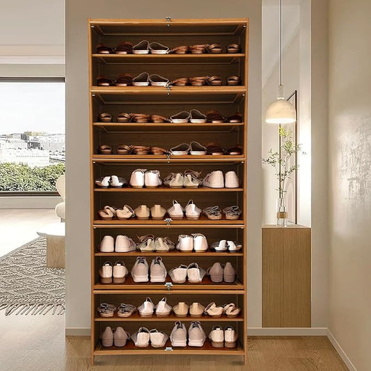 11Tier Bamboo Shoe Cabinet Shoe Storage Cabinet with Doors Freestanding Bamboo Shoe Rack Organizer with Shelves Tall Shoe Cabinet with Clear Doors for Entryway, Hallway, Closet, Living Room