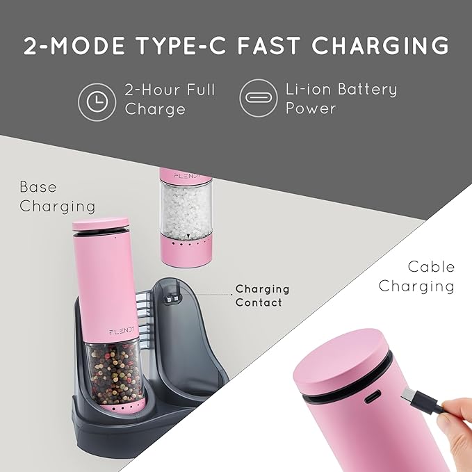Electric Salt and Pepper Grinder Set Rechargeable, Automatic Salt and Pepper Grinder Set with Oversized Top Button, Stainless Steel Electric Salt and Pepper Shakers Set