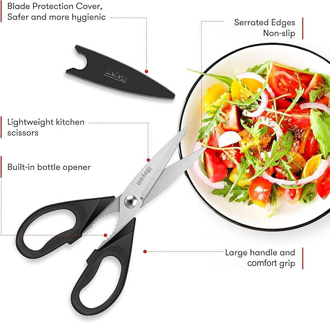 iBayam Black Kitchen Scissors - Heavy Duty Meat & Poultry Shears, Dishwasher Safe Stainless Steel Utility Scissors, 2-Pack Black Kitchen Utensils Set for New Home Essentials