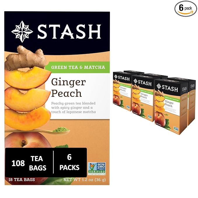 Stash Tea Ginger Peach Green Tea - Caffeinated, Non-GMO Project Verified Premium Tea with No Artificial Ingredients, 18 Count (Pack of 6) - 108 Bags Total