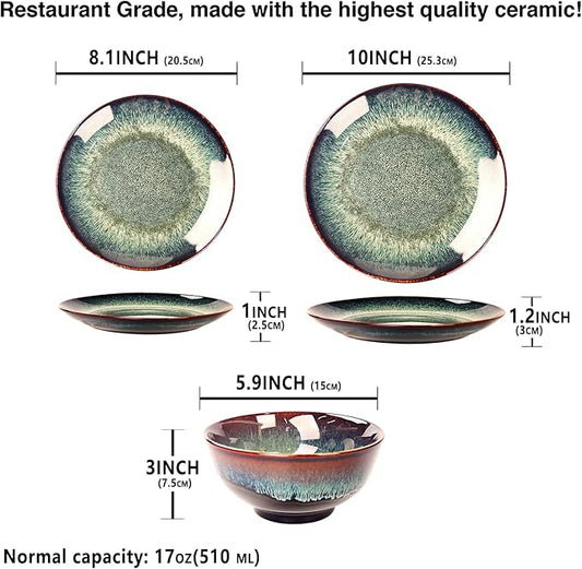 Dinner Set 12 Pieces - Round Reactive Glaze Tableware - Kitchen Dinnerware Porcelain Crockery with Dinner Plate, Bowl and Soup Plate Service for 4, Microwave Dishwasher Safe, Set (No.2)