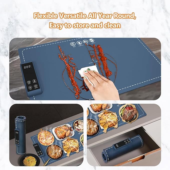 Warming Mat for Food Electric Food Warming Tray Large 24x16in Rapid Full-Surface Heating Portable & Rollable Versatile Food Warmer for Countertop Perfect for Gatherings Parties Everyday Use (Blue)