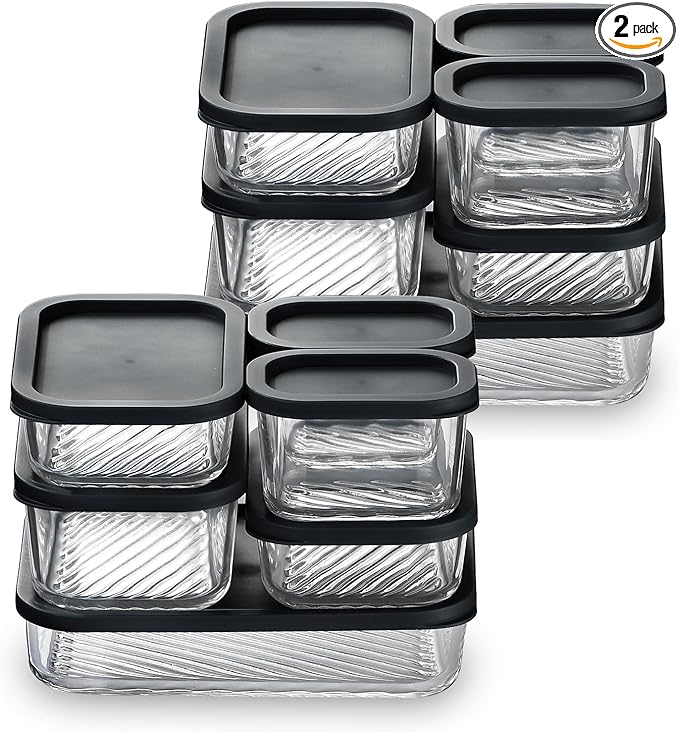 EATEX 12 Pack Glass Meal Prep Containers with Grooved Base, 12 Stackable BPA Free Glass Storage Containers with Lids for Lunch, Pantry, and Kitchen - Microwave, Dishwasher Freezer & Oven Safe - Black