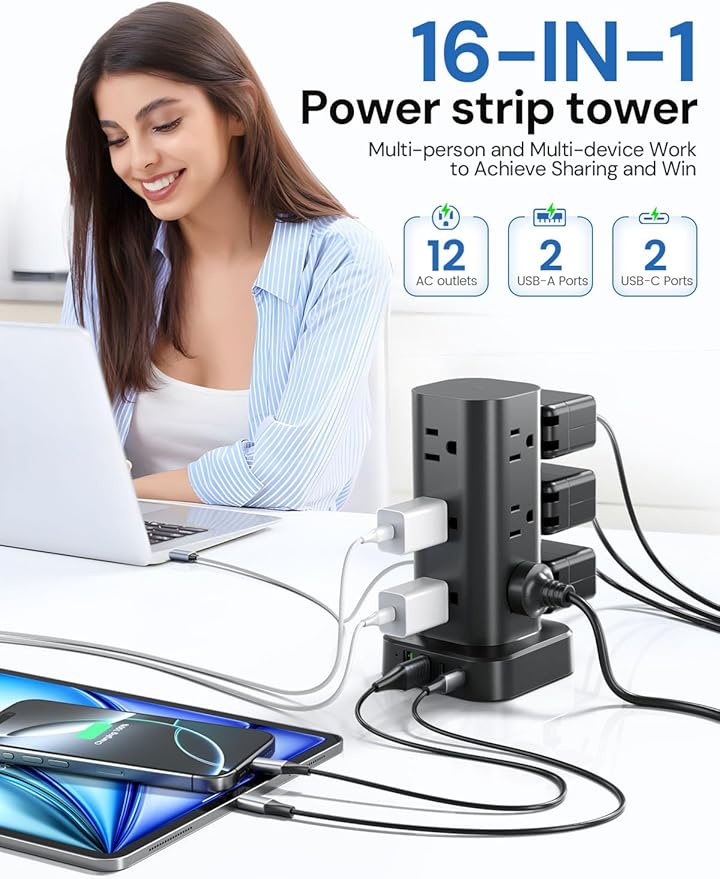 Tower Power Strip with Surge Protector - 12 AC Outlets & 4 USB Ports (2 USB-C), 6FT Extension Cord, Charging Station Tower for Home Office Dorm Travel (Black)