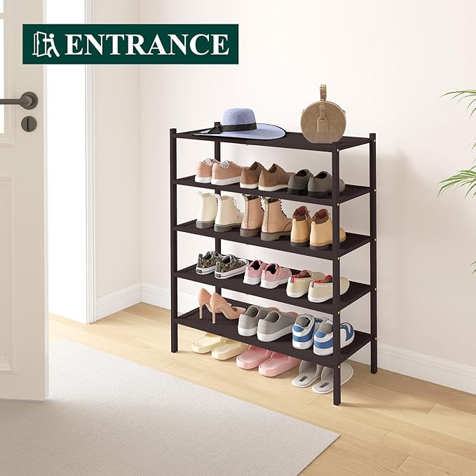 Smiry Bamboo Shoe Rack, 5 Tier Shoe Organizer for Entryway & Closet, Stackable Free Standing Storage Shelf for Shoes, Bags & Plants, Brown