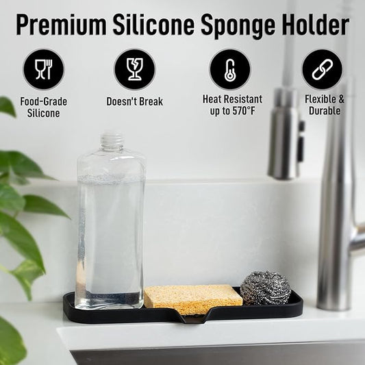 Zulay Kitchen Large Silicone Sponge Holder (12x4) β Flexible Sink Organizer Tray for Kitchen & Bathroom β Multipurpose Soap Dish for Sponges, Makeup, Trinkets & More (Black)