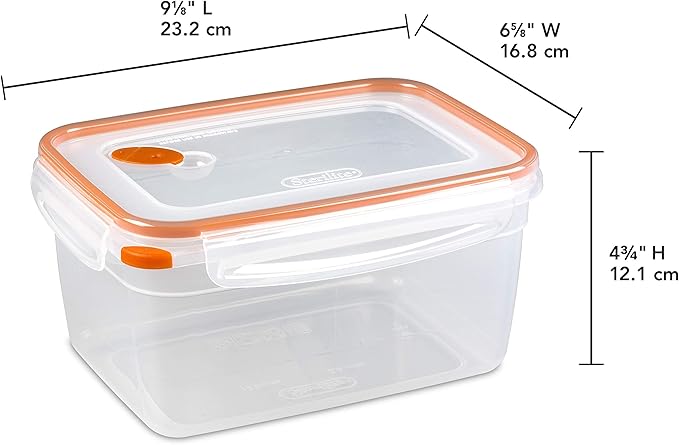 Sterilite Ultra-Seal 12 Cup Rectangle, Airtight Food Storage Container, Latching Lid, Microwave and Dishwasher Safe, Clear With Orange Gasket, 6-Pack