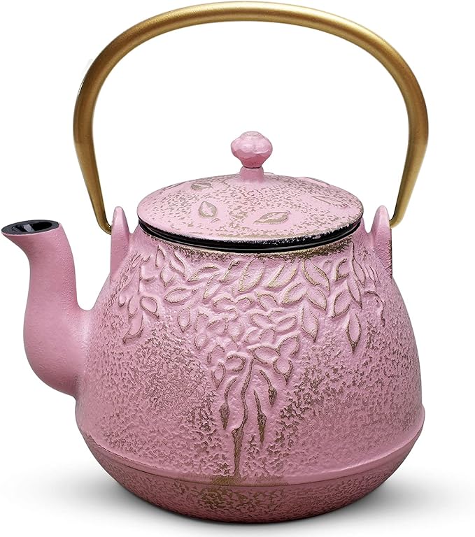 TOPTIER Japanese Cast Iron Teapot with Infuser, Stovetop Safe, Leaf Design Tea Kettle, Enameled Interior, 32 Ounce (950 ml), Blush Pink