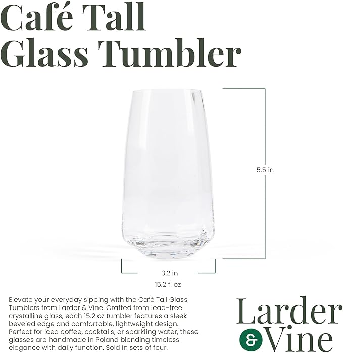 Larder & Vine Crystalline Glassware Tumbler Set, Artisan Drinkware for Cocktails, Water, Whiskey or Spirits, Handmade in Poland (Cafe Tall)