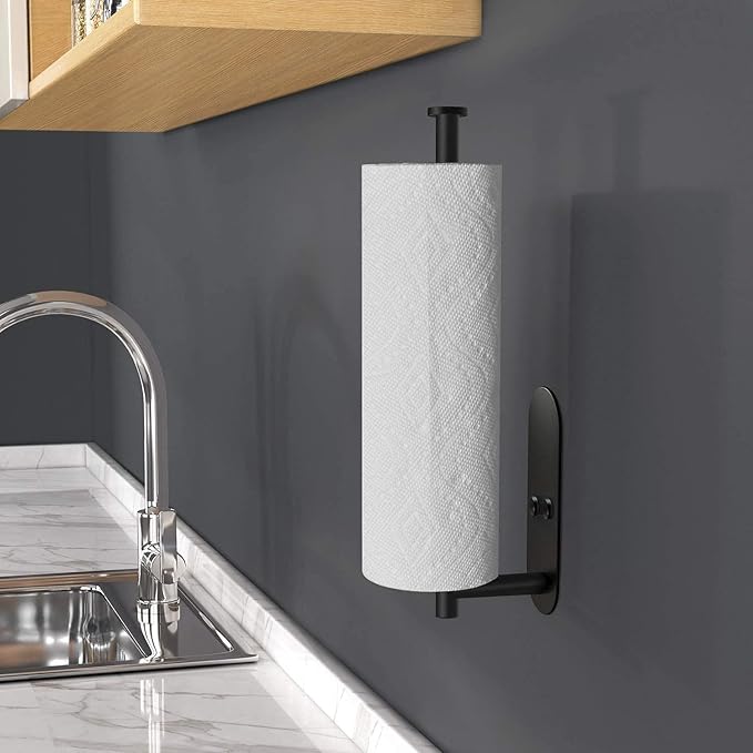 HUFEEOH Adhesive Paper Towel Holder Under Cabinet Wall Mount for Kitchen Paper Towel, Stainless Steel Paper Towel Roll Rack for Bathroom Towel (13inch, Black)