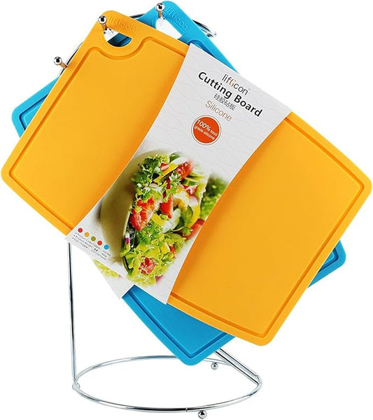 Liflicon Thick Cutting Boards for Kitchen Silicone Chopping Board Set of 2 Mid 12.6'' x 9.1β,Mini 9.1βx7.1β Non-slip Deep Drip Juice Groove Easy Grip Handle,Dishwasher Safe-Yellow
