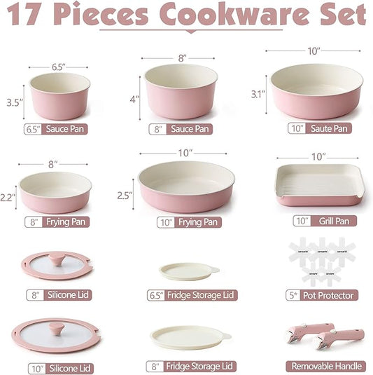 SENSARTE 17 Piece Ceramic Pots and Pans Set, Nonstick Detachable Handle Cookware, Induction Kitchen Cookware Set with Removable Handle, Dishwasher & Oven Safe (Pink)
