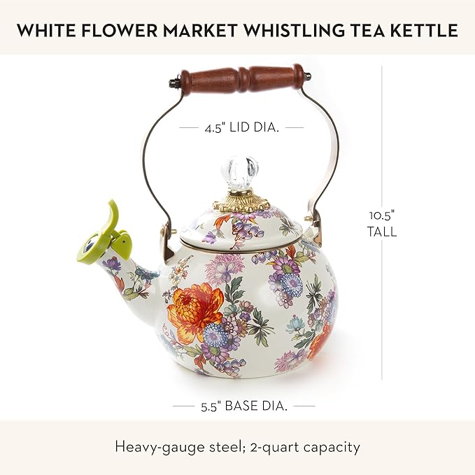 MACKENZIE-CHILDS Enamel Whistling Tea Kettle, Decorative Teapot for Stovetop, White Flower Market