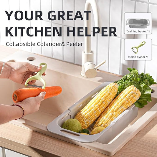 Extended Long Over the Sink Colander, Wash Vegetables Fruits Collapsible Colander Strainer, 14.5"-19.3" Extendable Kitchen Sink Accessories for Dishes Drying, Vegetable Basket, with Peeler
