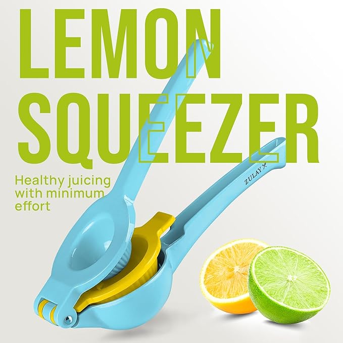 Zulay Metal 2-In-1 Lemon Squeezer Manual - Sturdy, Max Extraction Hand Juicer Lemon Squeezer Gets Every Last Drop - Easy to Clean Manual Citrus Juicer - Easy-to-Use Lemon Juicer Squeezer - Blue/Yellow