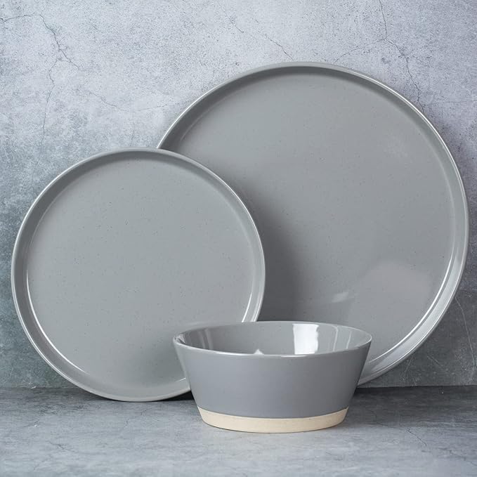 Famiware Saturn Speckled Dinnerware Sets for 8 (24 Pieces), Stoneware Plates and Bowls Dish Set - Chip and Scratch Resistant, Microwave and Dishwasher Safe, Dark Gray