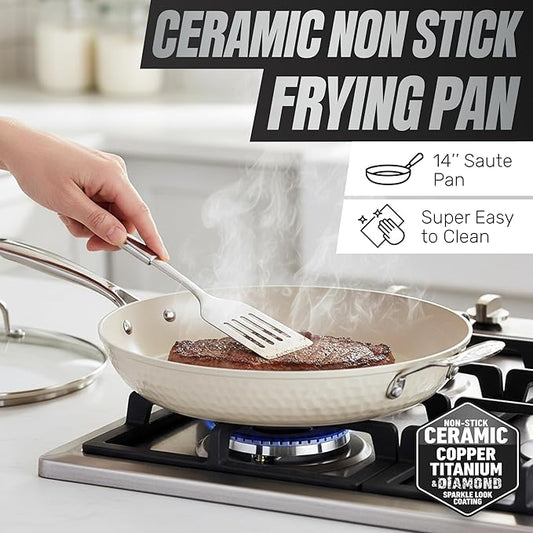 GOTHAM STEEL HAMMERED 14 Inch Non Stick Frying Pans with Lid, Extra Large Frying Pans Nonstick Cooks Family Sized Meals, Non Toxic PFOA Free, Induction Ready, Oven and Dishwasher Safe