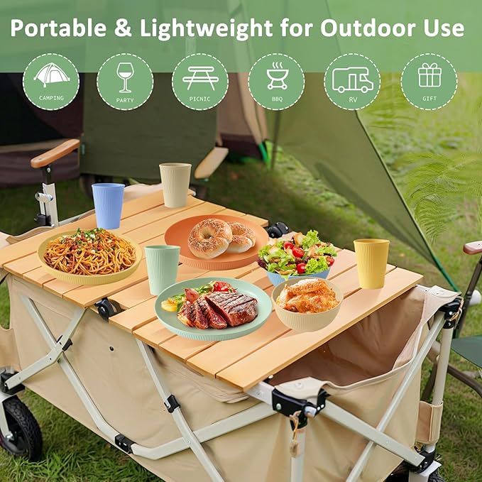 24pcs Wheat Straw Dinnerware Sets For 8, Unbreakable Plates and Bowls Wheat Straw Dinnerware Microwavable Cups Plates and Bowls Sets Shatterproof For Outdoor Kitchen Camping