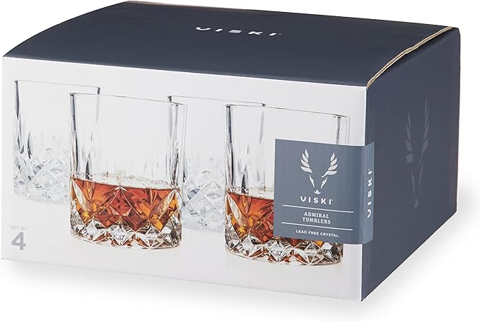 Viski Admiral Crystal Whiskey Tumbler Set, Classic Lowball Cocktail Glasses, Crystal Clear Drinking Glasses for Bourbon, Scotch, Spirits, Neat Pours, Gifts for Men, Home Bar, 10 oz, Set of 4